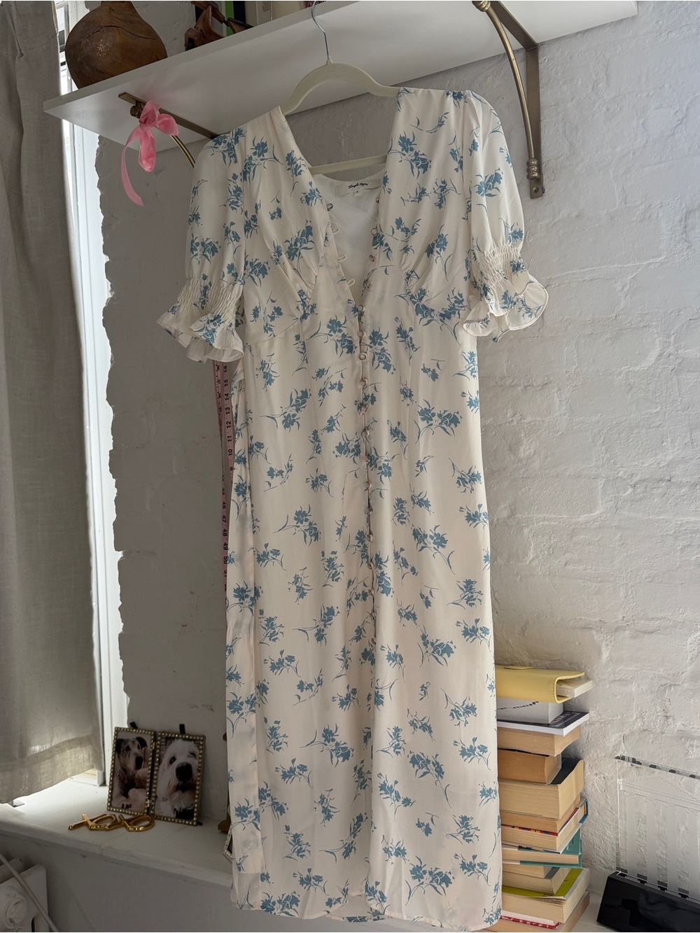 Cream Midi Dress with Blue Floral Print and Button Front